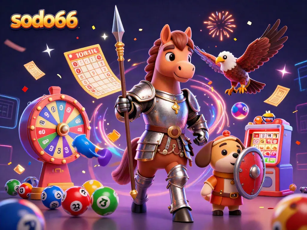 Engage with SODO66 as the knight rides through vibrant lottery balls and casino elements.