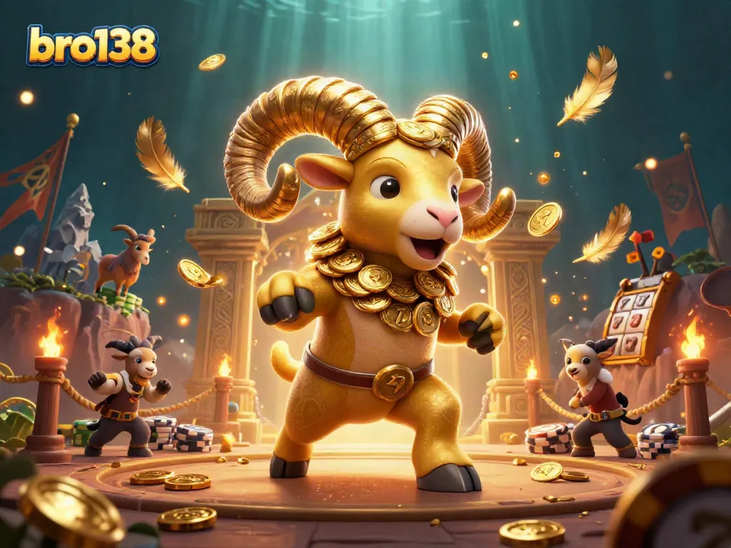 Experience exciting wins at bro138 with a lively 3D illustration of a golden ram and dynamic slot features.