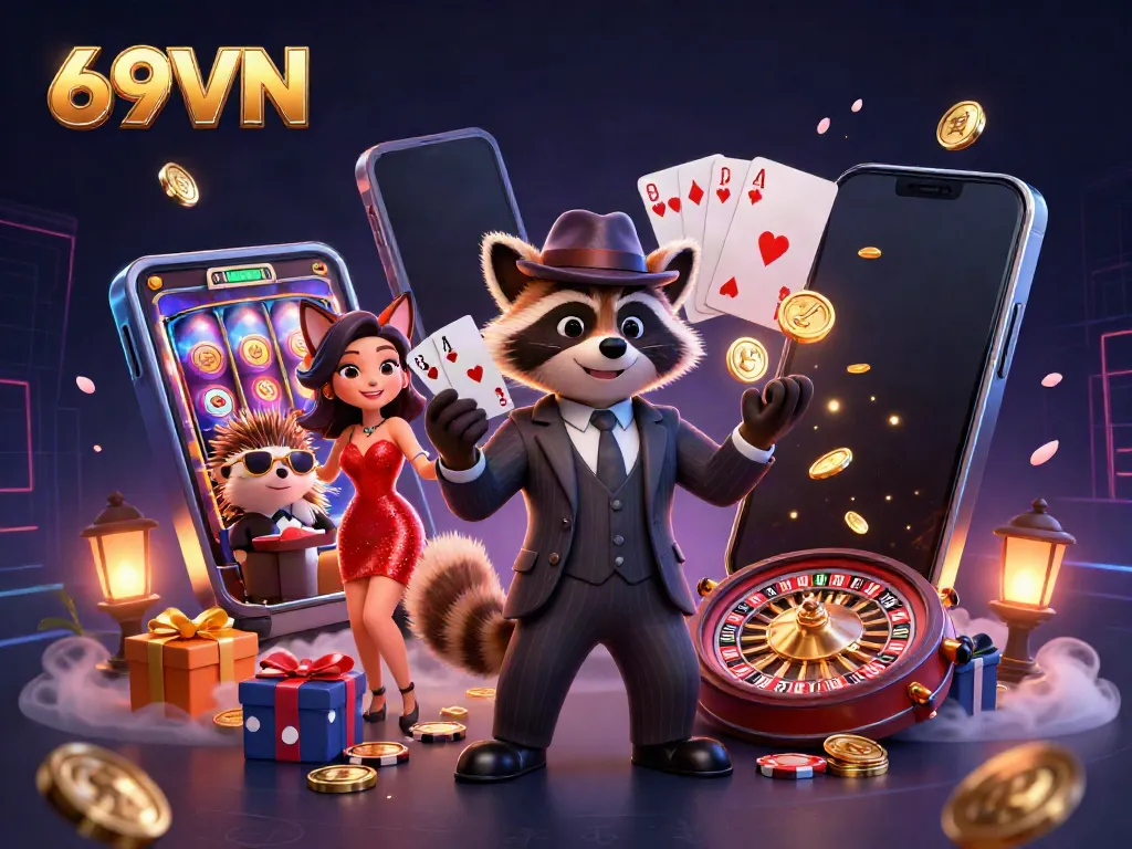 Experience the vibrant world of 69VN with a raccoon and friends celebrating big wins in a colorful casino.