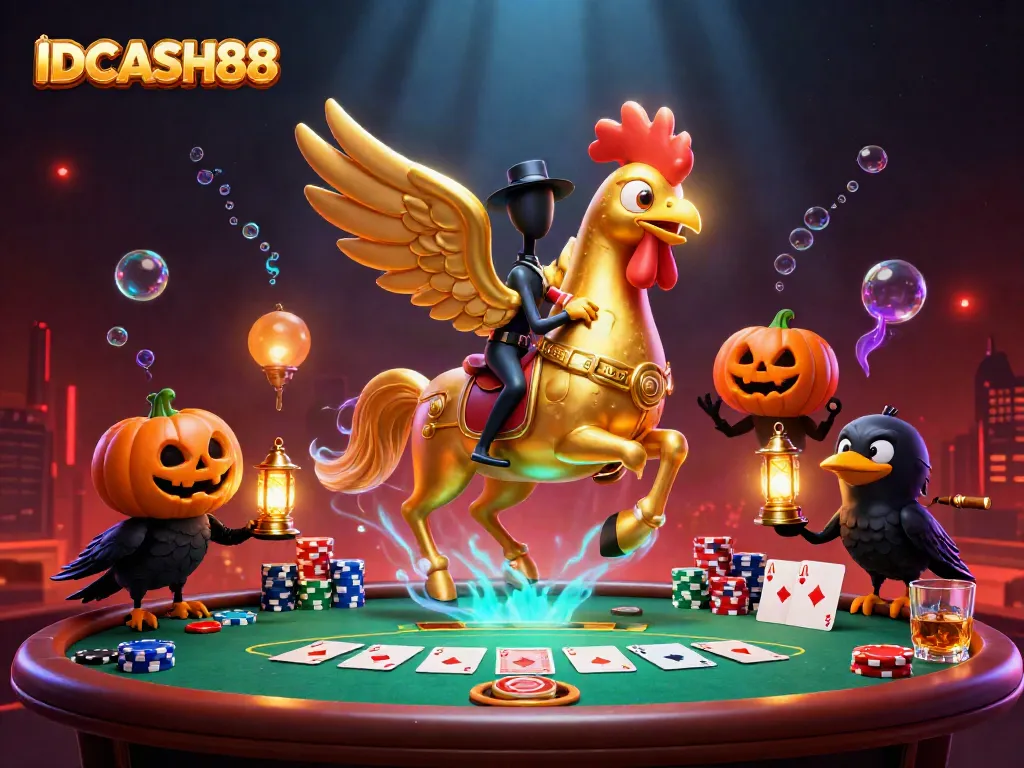 Engage with IDCASH88's vibrant casino world featuring a golden rooster, poker elements, and captivating visuals.