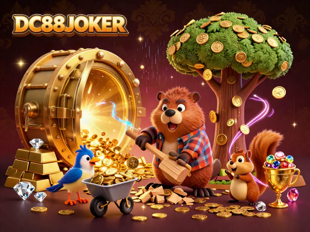 Experience the excitement with DC88JOKER in this vibrant 3D casino-themed scene featuring a beaver and a bird.