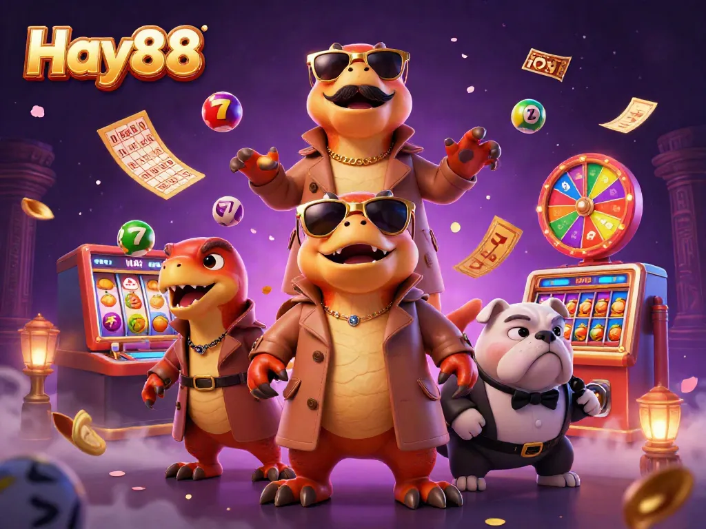 Engage with Hay88 through a vibrant scene of cartoon raptors in a trench coat, attempting to enter a VIP casino lounge.