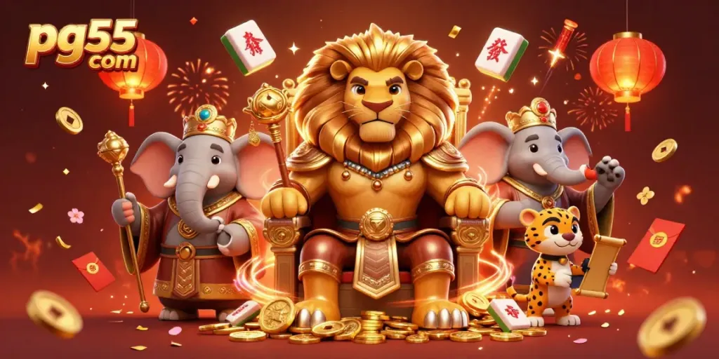 Experience the excitement of pg55 com with a vibrant casino-themed 3D illustration featuring a lion king, elephant advisor, and cheetah messenger.