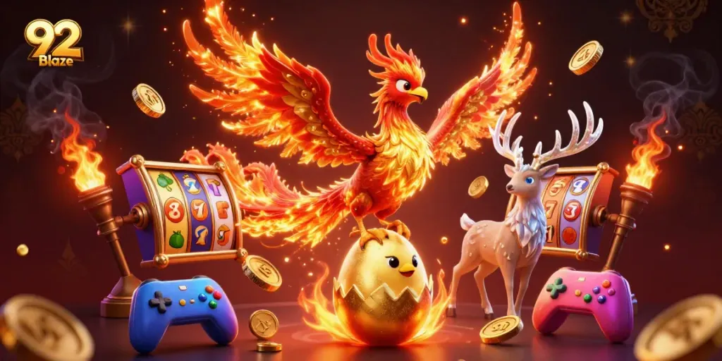 Engage in thrilling gameplay with 92 Blaze featuring a fiery phoenix in an extravagant casino world.