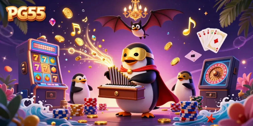Experience the fun of PG55 casino gaming with a captivating 3D illustration featuring vibrant characters and casino elements.