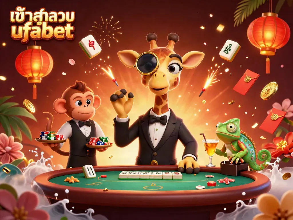 Experience easy login with เข้าสู่ระบบ ufabet, featuring a vibrant casino scene with characters and festive elements.