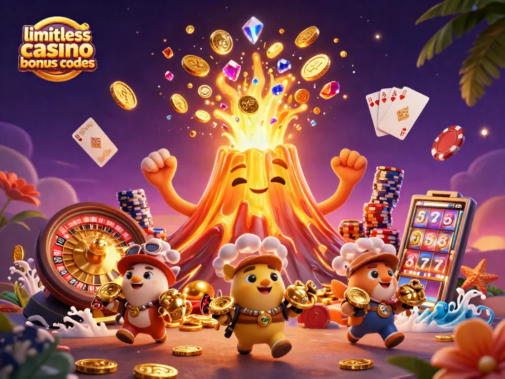 Explore limitless casino bonus codes with engaging 3D illustration of winning treasures and vibrant casino elements.