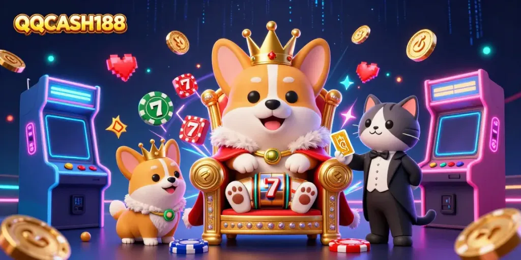 Experience excitement with QQCASH188, featuring a royal corgi on poker chips amidst arcade games and vibrant casino elements.