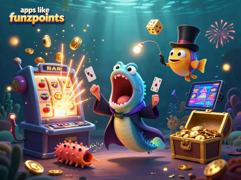 Experience endless fun with apps like funzpoints in this vibrant 3D casino illustration featuring thrilling games and jackpots.
