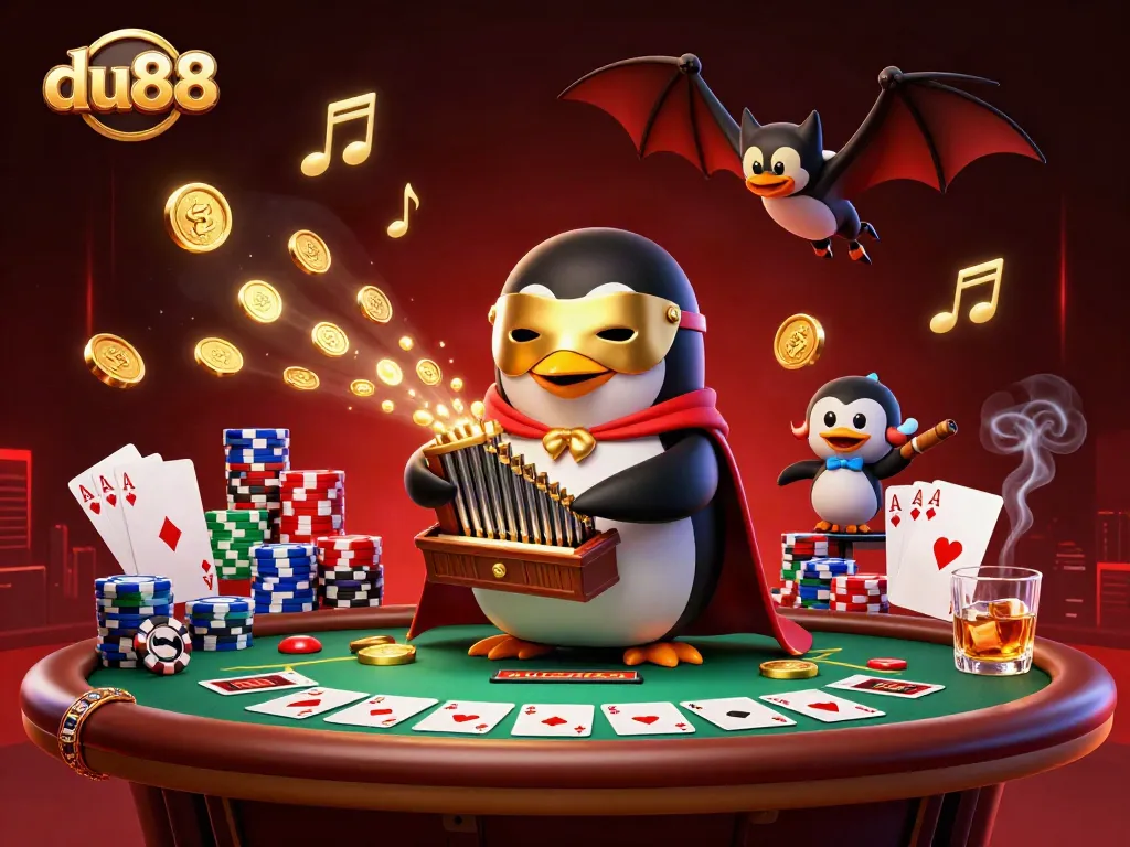 Engage in thrilling gameplay with du88, where a penguin creates golden coins and poker excitement.