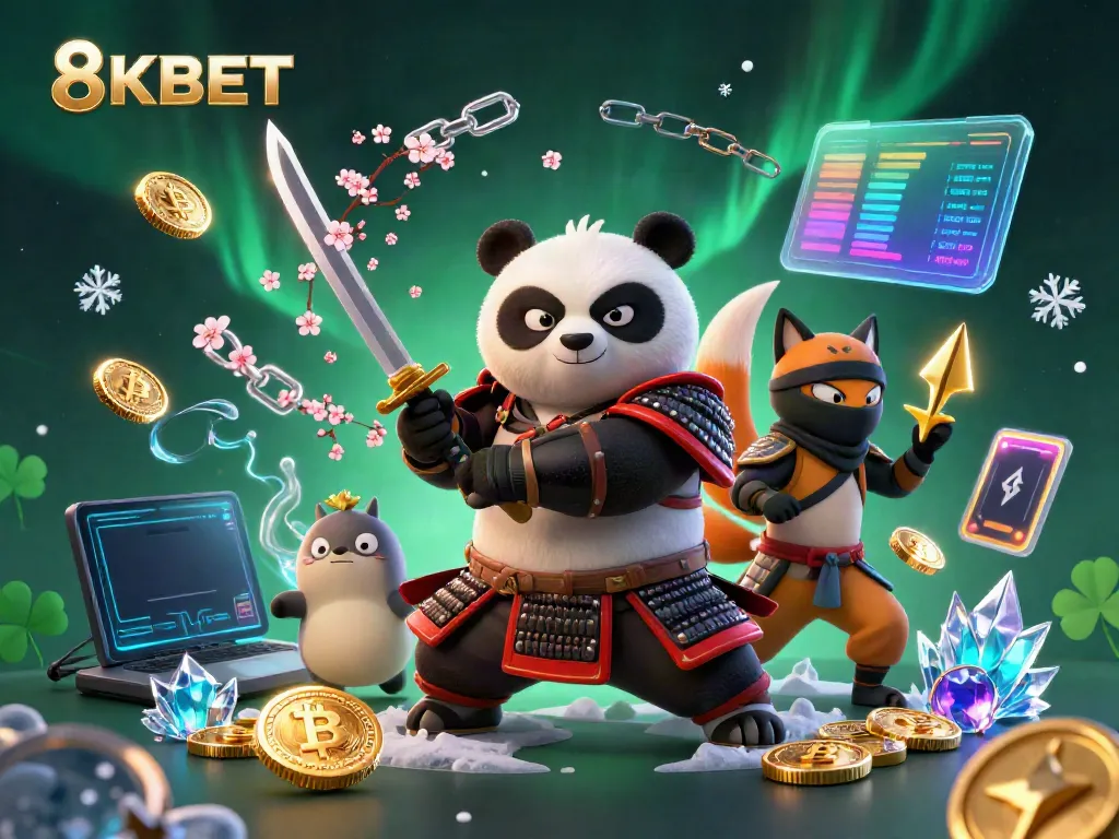 Engage in exciting gameplay with 8KBET featuring samurai panda and ninja fox in a dynamic casino scene.