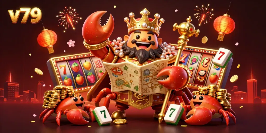 Experience the thrilling gaming atmosphere at v79 with a golden crab emperor and spinning slot reels.