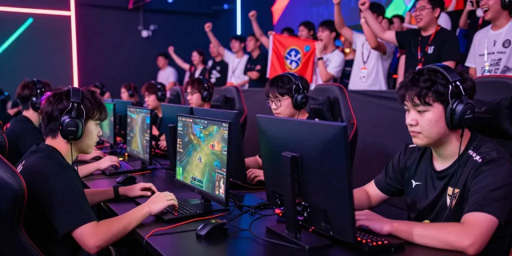 Exciting esports arena scene during a competitive gaming event with players and spectators, highlighting the juraganbola experience.