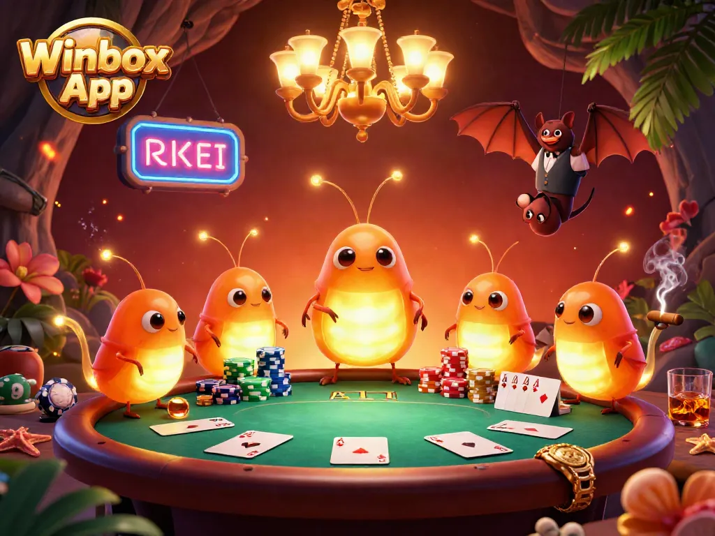 Engage with the exciting Winbox App in a vibrant casino scene with glowworms and a bat dealer.
