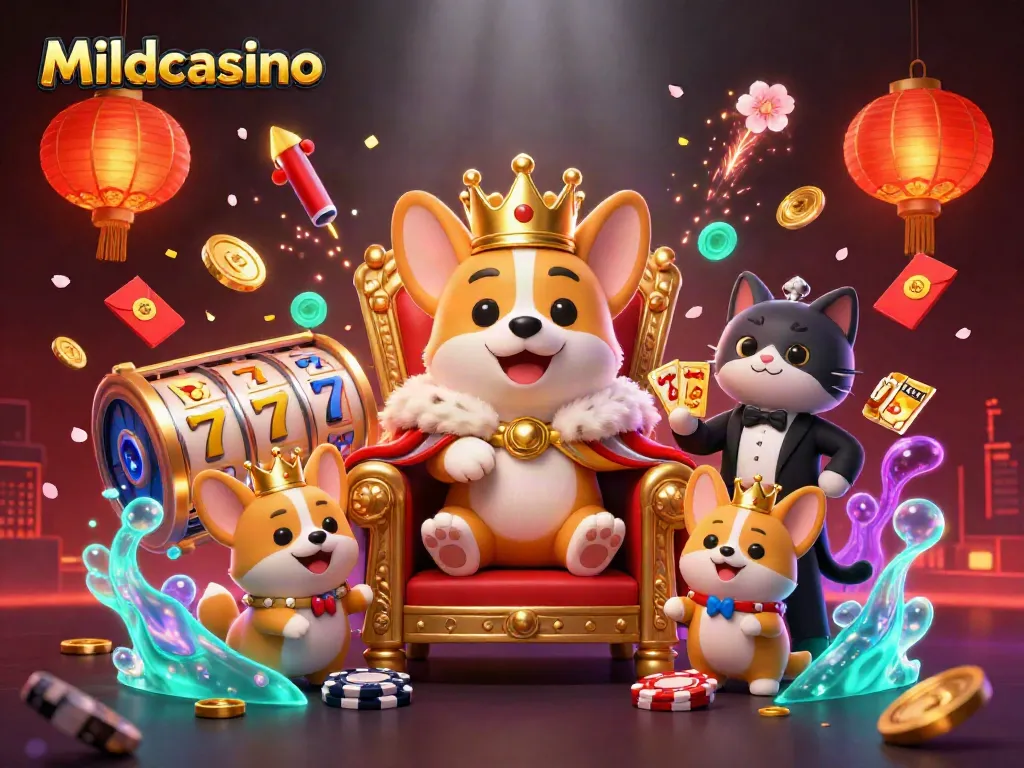 Mildcasino royal corgi king seated on poker chips throne amidst dynamic casino elements representing luck and fortune.