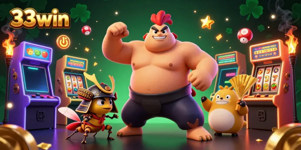 33win presents an engaging casino scene featuring a sumo wrestler rooster, a cricket, and a tanuki with dynamic game elements.