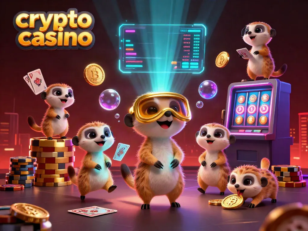Experience the excitement of a crypto casino with playful meerkats managing their operations and showcasing vibrant games.