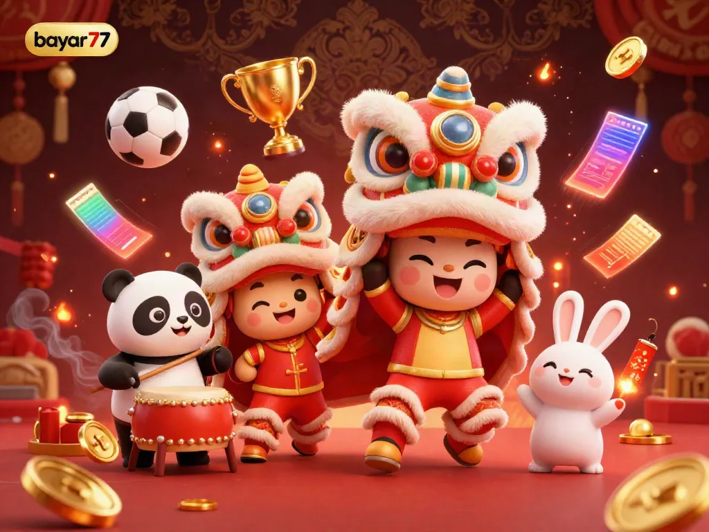 Experience thrilling gameplay with bayar77 in a festive lion dance scene filled with festive elements and competition.