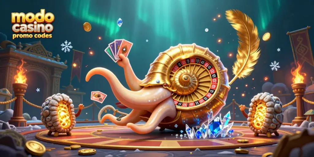 Engage with modo casino promo codes in an illustrated casino scene featuring ancient characters and vibrant game elements.