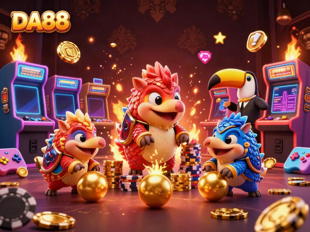Bowling pangolins compete in a vibrant casino-themed scene with DA88 branding and colorful game elements.