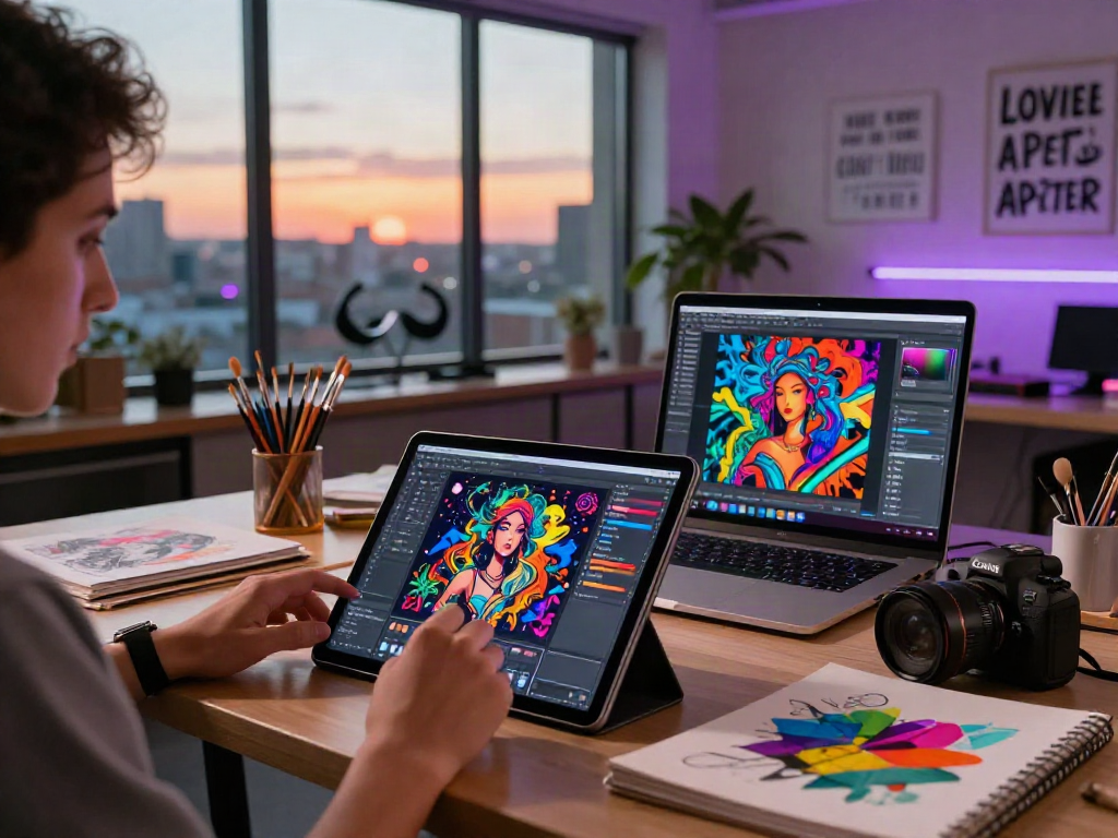 Creating captivating visuals with an ai porn generator in a vibrant artistic studio filled with tools and creative energy.
