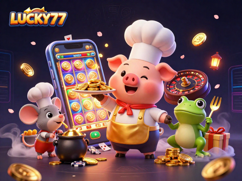 LUCKY77 showcases a 3D chef pig serving gold coins, creating vibrant casino excitement.
