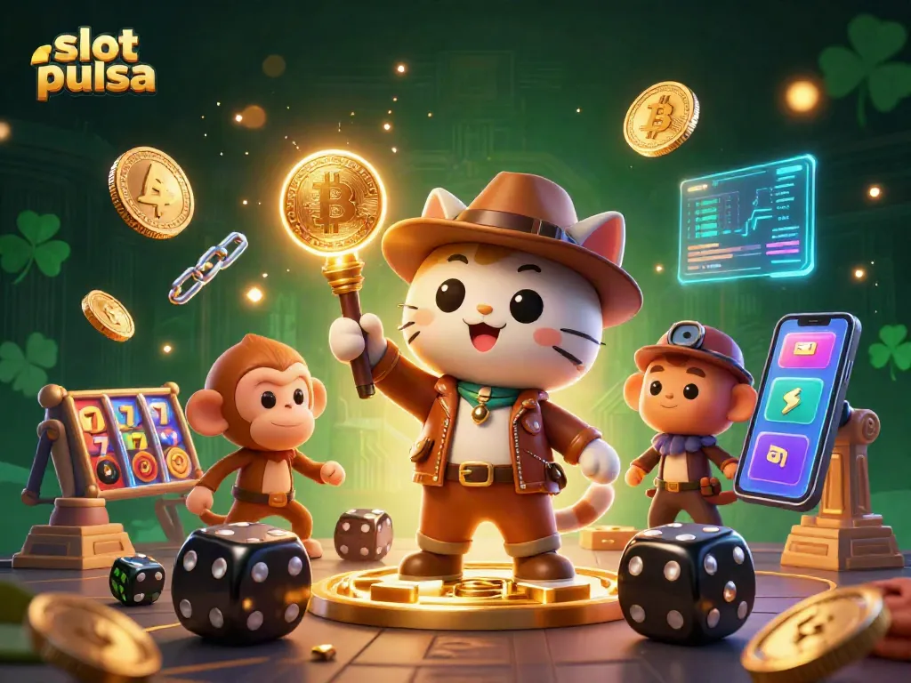 Engage in slot pulsa adventures with a cartoon explorer cat and vibrant casino elements.