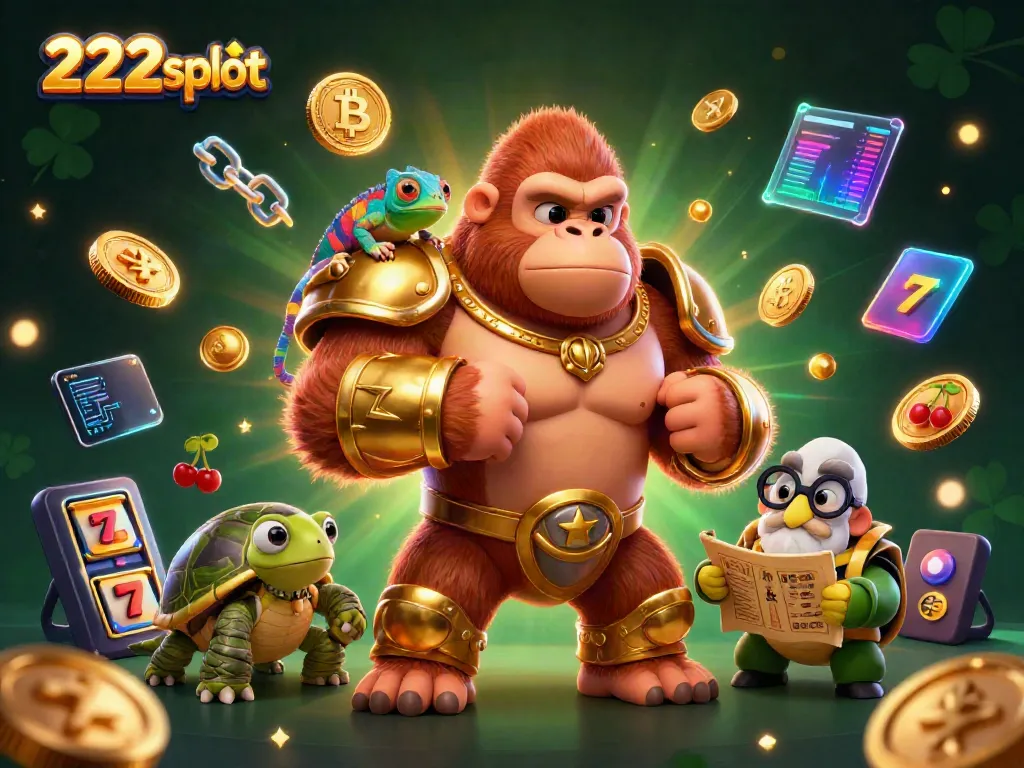 Permainan 222slot menampilkan gorila raja berarmor emas, chameleon, dan kura-kura bijak dalam suasana kasino yang mewah.