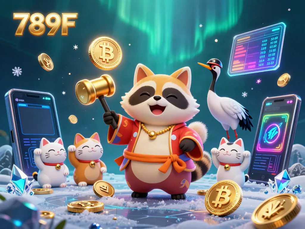 Experience the vibrant world of 789F, showcasing a cheerful tanuki amidst colorful maneki-neko and crypto elements in a casino setting.