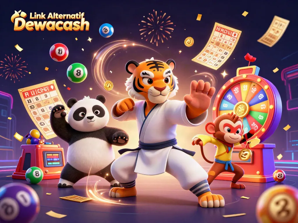 Engage with Link Alternatif Dewacash in a vibrant, animated lottery scene featuring a kung fu tiger and friends.