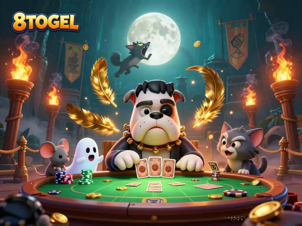 Menang di 8TOGEL dengan kartu yang dibagikan oleh monster bulldog Frankenstein di ruang kasino yang menakutkan.