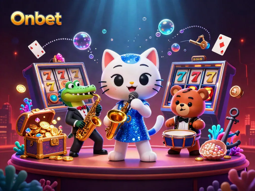 Onbet invites players to enjoy a vibrant casino experience with jazz-singer cat, crocodile, and bear cub.