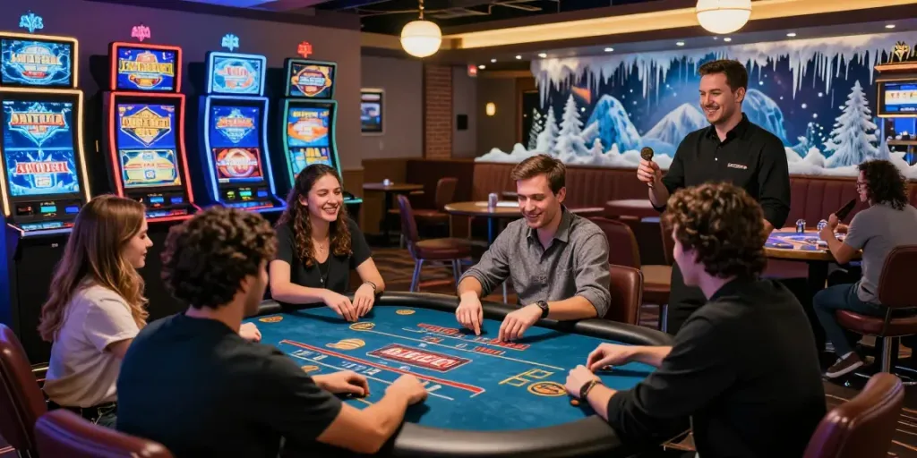 Erlebe eiskalte Belohnungen im Ica Casino Österreich mit Spielern an verschiedenen Spielautomaten.