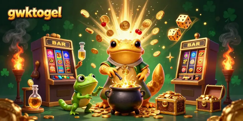 Melihat permainan gwktogel dengan ilustrasi ceria salamander emas dalam laboratorium.