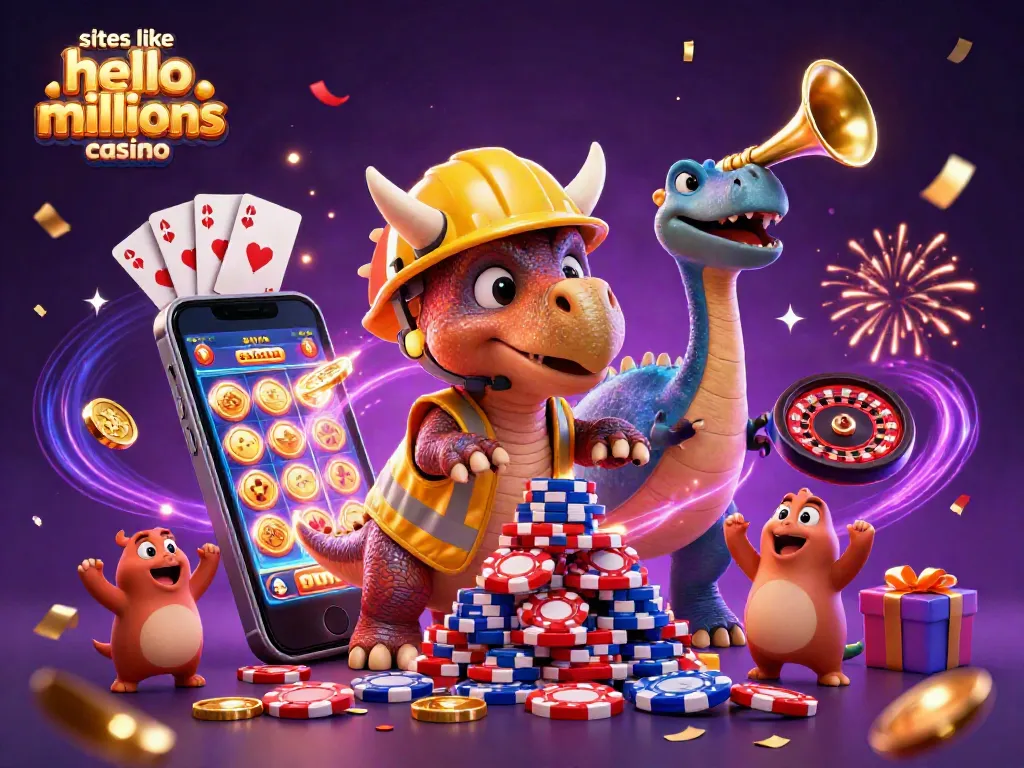 Engage in thrilling gameplay with sites like hello millions casino and enjoy vibrant slots, poker chips, and festive characters.