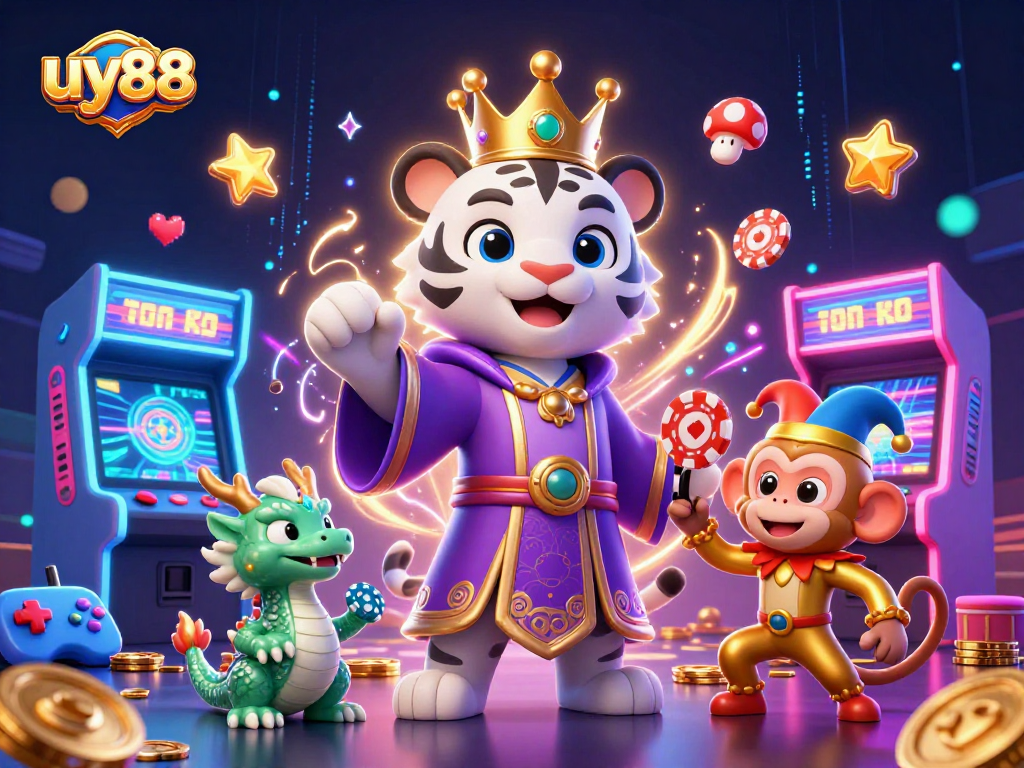 Spin to win at uy88 with a regal tiger, playful monkey, and jade dragon surrounded by vibrant gaming elements.
