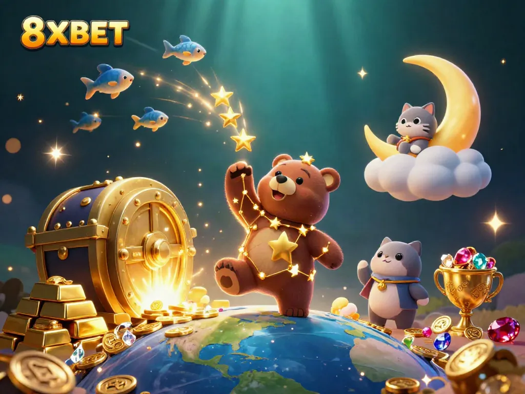 Vividly illustrate 8XBET's enchanting online casino world with sparkling treasures and vibrant characters.