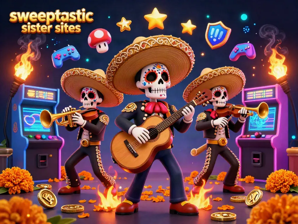 Sweeptastic sister sites showcase vibrant Dia de los Muertos mariachi skeletons amidst colorful gaming elements.