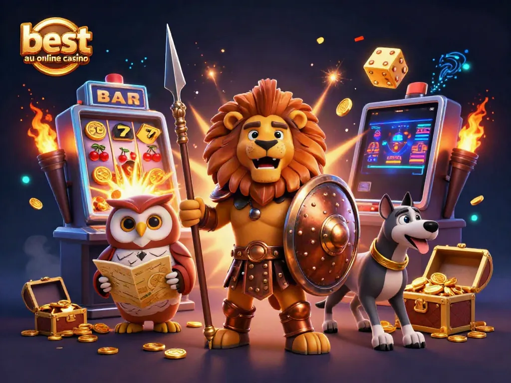 The best au online casino scene features a Spartan lion, tactical owl, and swift greyhound with vibrant game elements and a jackpot burst.