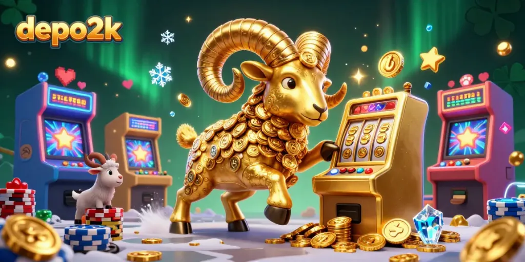 Engage in epic wins with depo2k’s vibrant slots and dynamic 3D golden ram illustration.