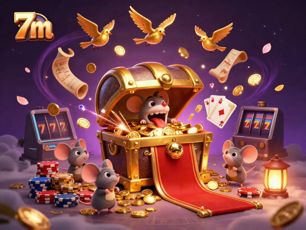Engage with the 7m treasure chest mimic attracting adventurer mice in a vibrant casino-themed illustration.