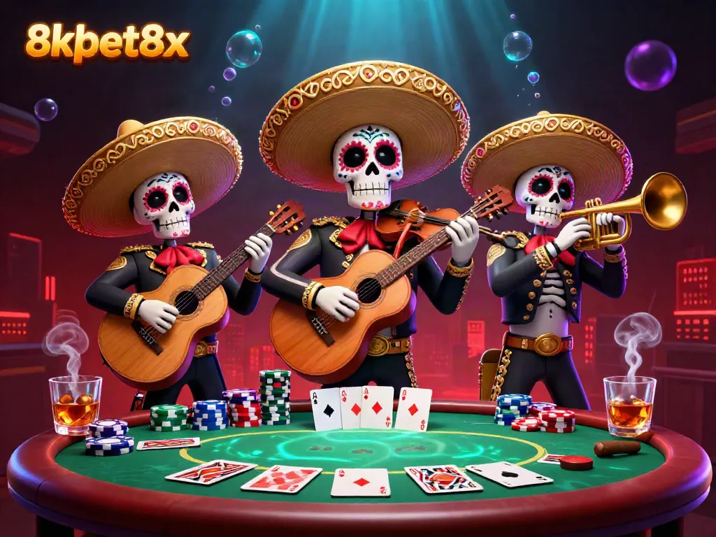 Engage in thrilling poker action at 8xbet8x with a dynamic mariachi-themed scene, vibrant casino elements.