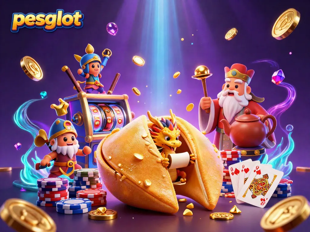 pesgslot showcases a whimsical 3D scene with a giant fortune cookie, a wise dragon, and vibrant casino elements.