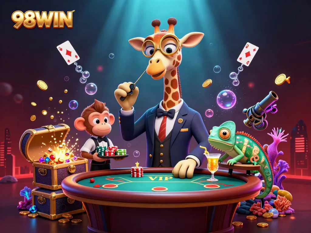 Experience the thrill of 98WIN with high-roller giraffes and dynamic gaming elements in a vivid casino scene.