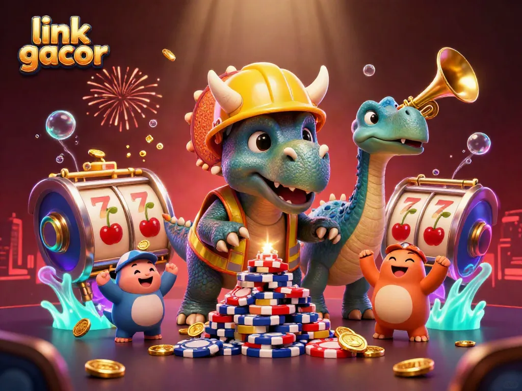 Engage in exciting slots with link gacor as a triceratops builds poker chip pyramids and celebrates.