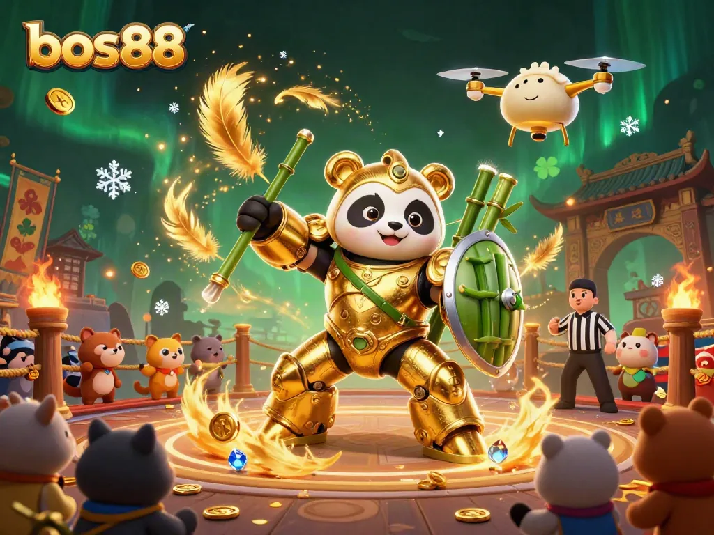 Experience thrilling action with bos88's vibrant 3D illustration of a panda robot championing in a dynamic gaming arena