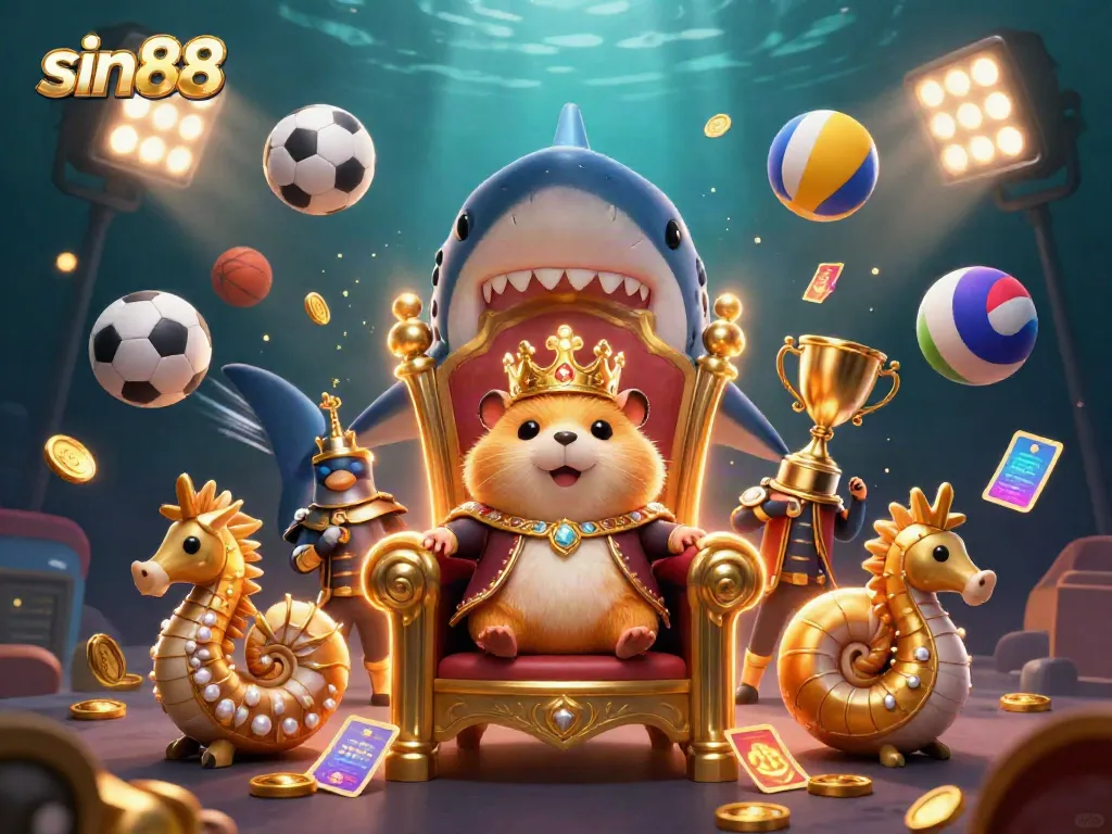 Experience sin88's online gambling world with a dynamic scene featuring a hamster king and sports elements.