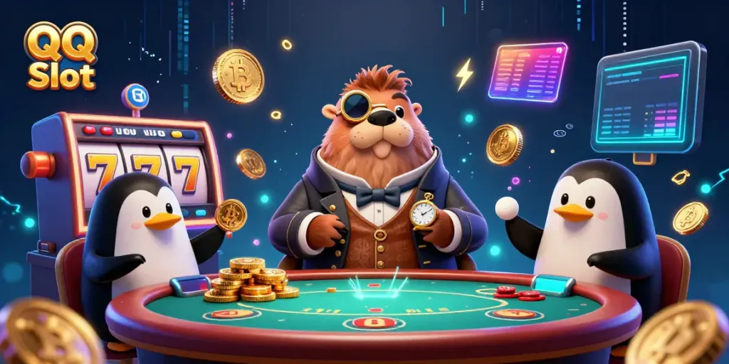 Experience the excitement of QQ Slot with a jolly walrus, penguin dealer, and a bluffing pufferfish at an underwater poker table.