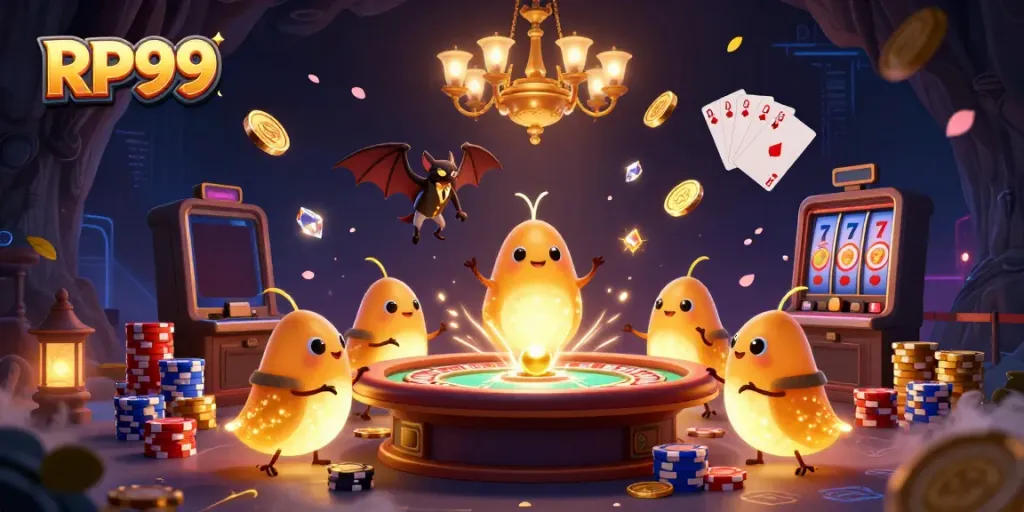 Experience the allure of RP99 with glowing casino scenes filled with vibrant gaming elements and characters.