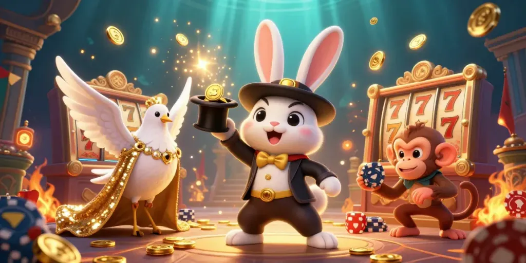 Experience the thrill of a slot bonus with a magician rabbit, a glamorous dove, and a monkey among sparkling coins.